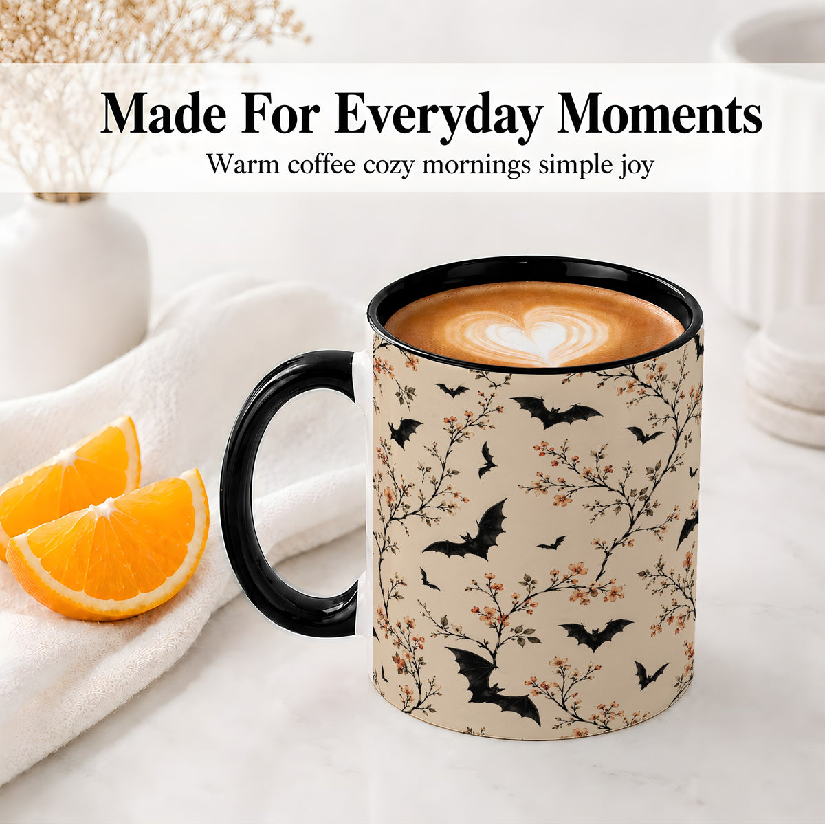 #pl[11oz|Black] Bat Floral Pattern Ceramic Coffee Cup, Mug with Blossom Artwork