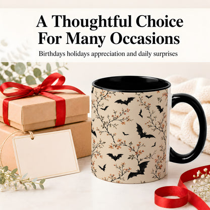 #pl[11oz|Black] Bat Floral Pattern Ceramic Coffee Cup, Mug with Blossom Artwork