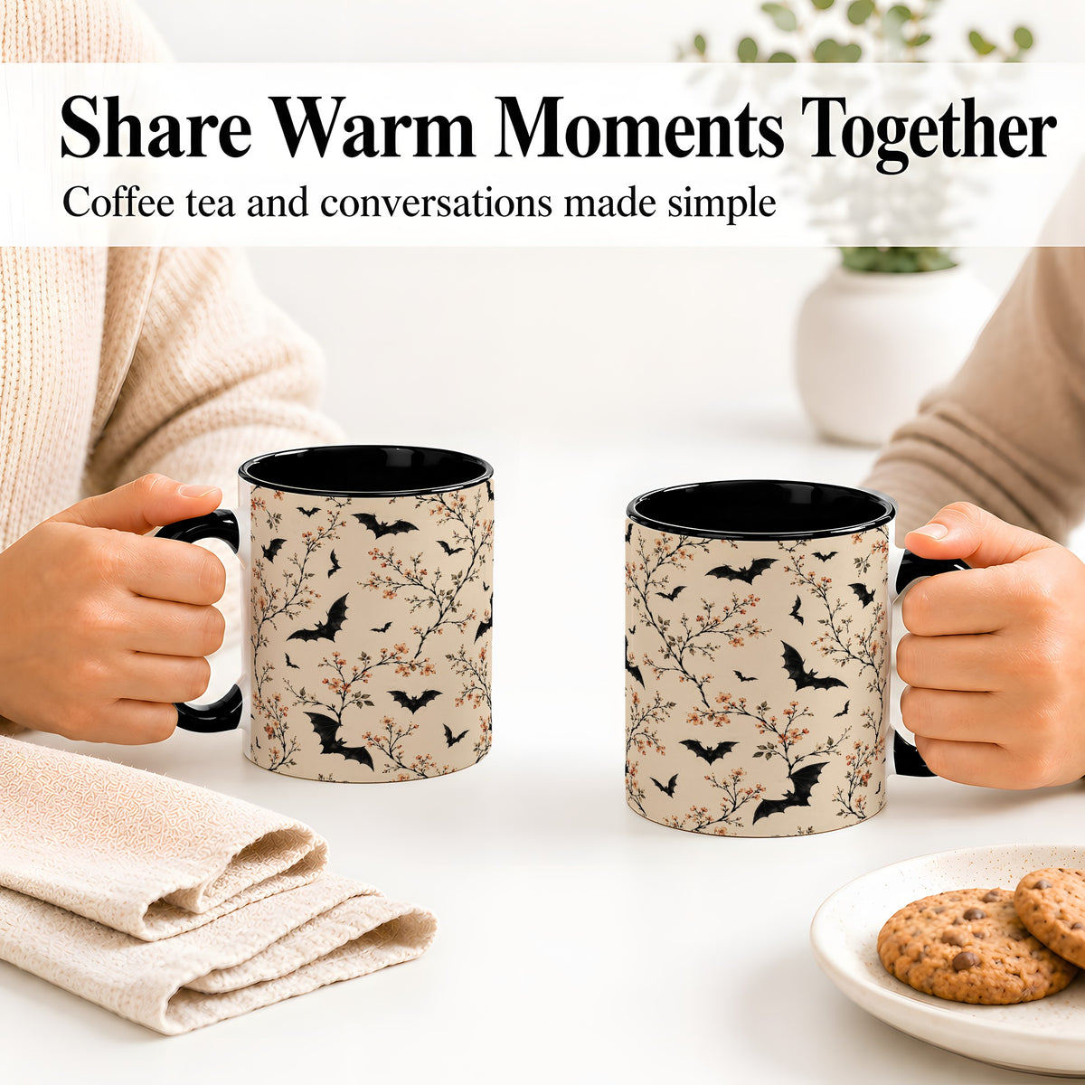 #pl[11oz|Black] Bat Floral Pattern Ceramic Coffee Cup, Mug with Blossom Artwork
