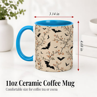 #pl[11oz|Blue] Bat Floral Pattern Ceramic Coffee Cup, Mug with Blossom Artwork