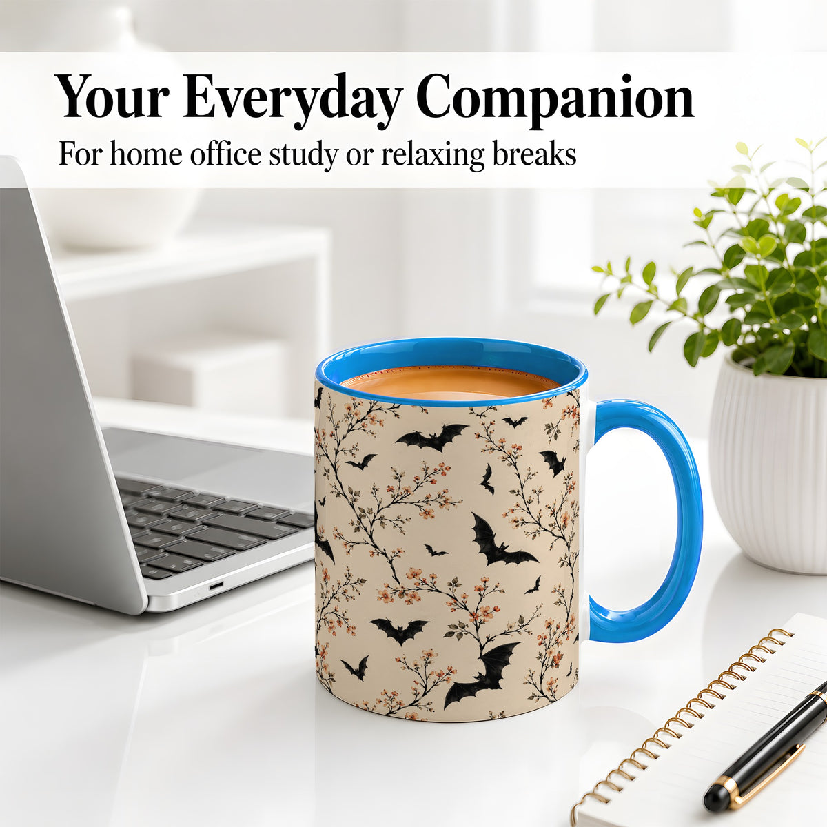 #pl[11oz|Blue] Bat Floral Pattern Ceramic Coffee Cup, Mug with Blossom Artwork