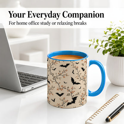 #pl[11oz|Blue] Bat Floral Pattern Ceramic Coffee Cup, Mug with Blossom Artwork