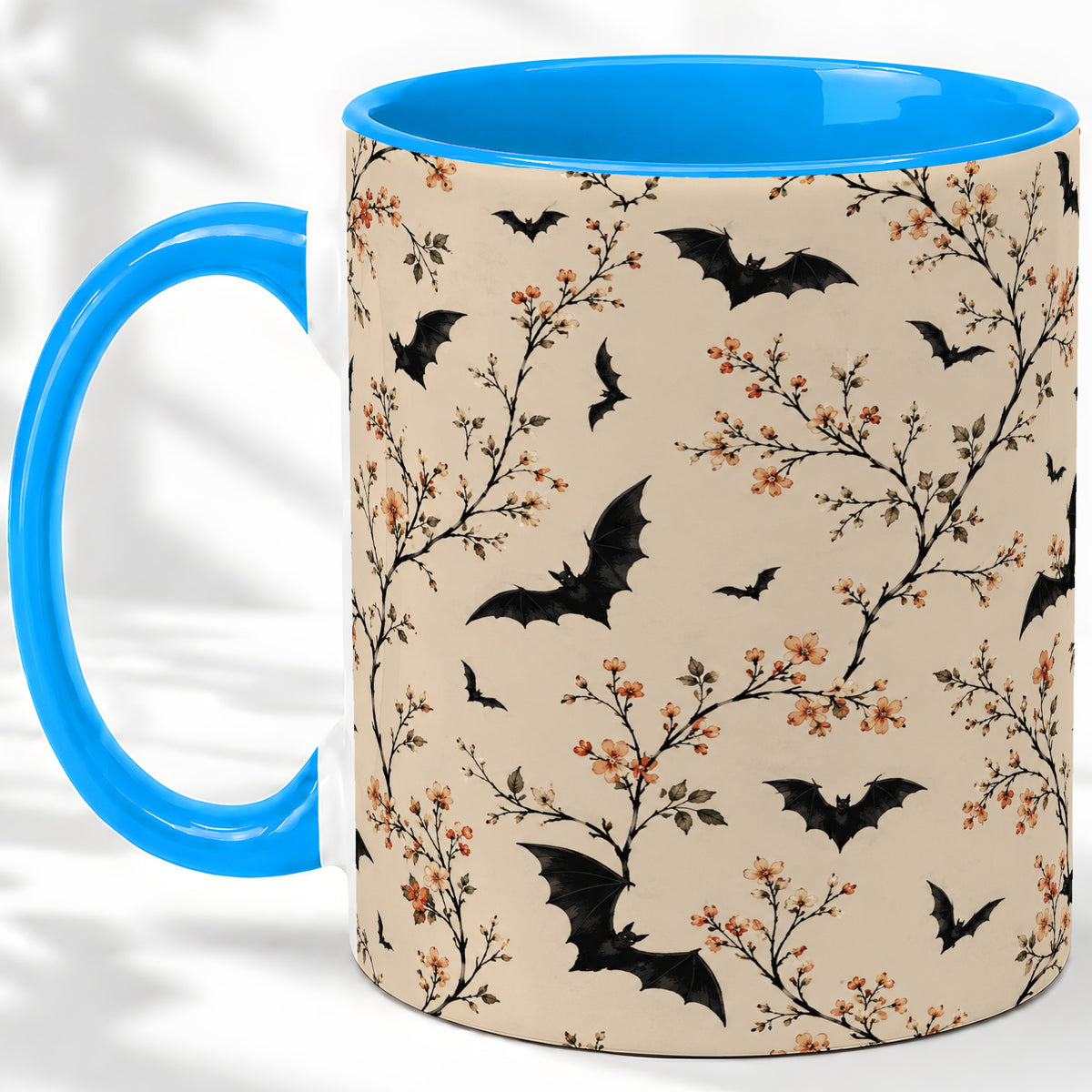 #pl[11oz|Blue] Bat Floral Pattern Ceramic Coffee Cup, Mug with Blossom Artwork