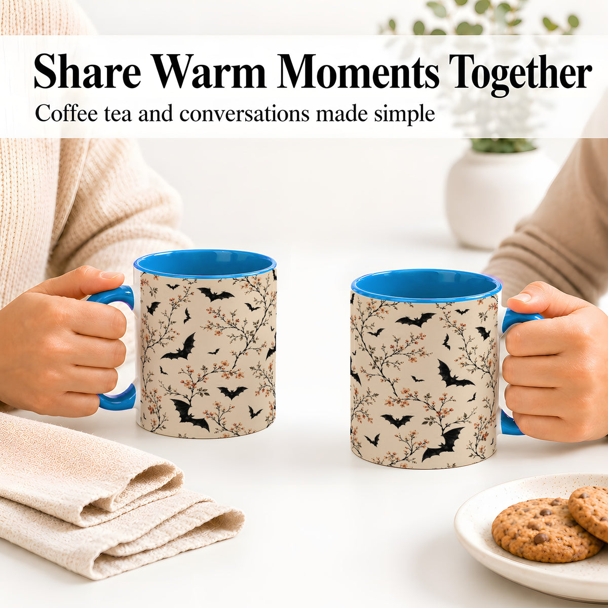 #pl[11oz|Blue] Bat Floral Pattern Ceramic Coffee Cup, Mug with Blossom Artwork