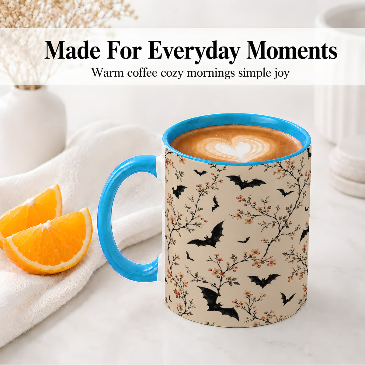 #pl[11oz|Blue] Bat Floral Pattern Ceramic Coffee Cup, Mug with Blossom Artwork