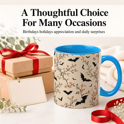 #pl[11oz|Blue] Bat Floral Pattern Ceramic Coffee Cup, Mug with Blossom Artwork