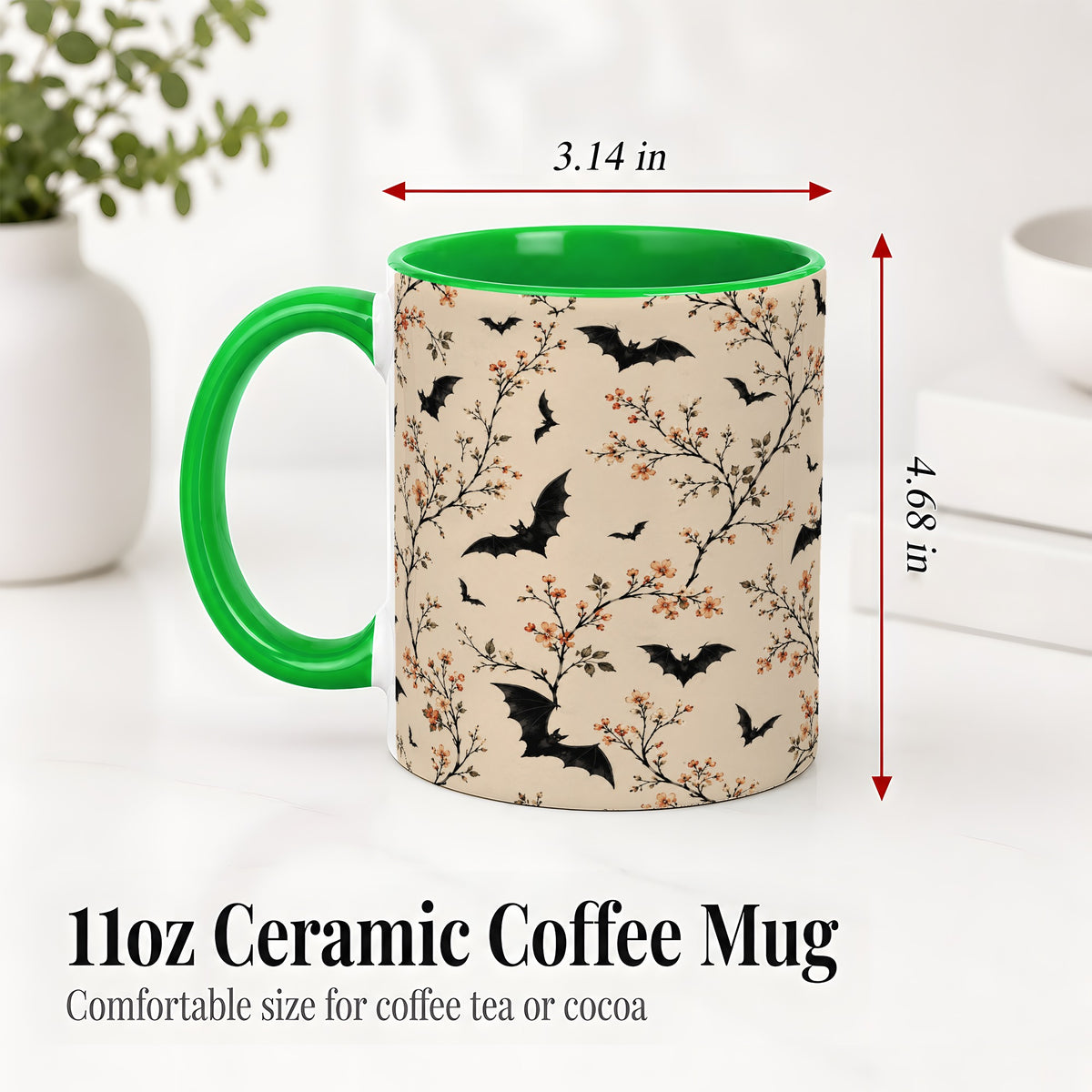 #pl[11oz|Green] Bat Floral Pattern Ceramic Coffee Cup, Mug with Blossom Artwork