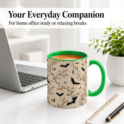#pl[11oz|Green] Bat Floral Pattern Ceramic Coffee Cup, Mug with Blossom Artwork