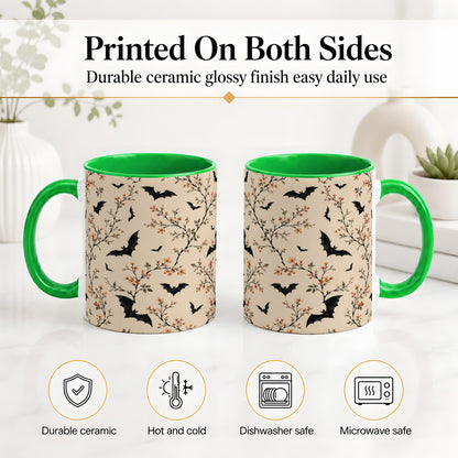 #pl[11oz|Green] Bat Floral Pattern Ceramic Coffee Cup, Mug with Blossom Artwork