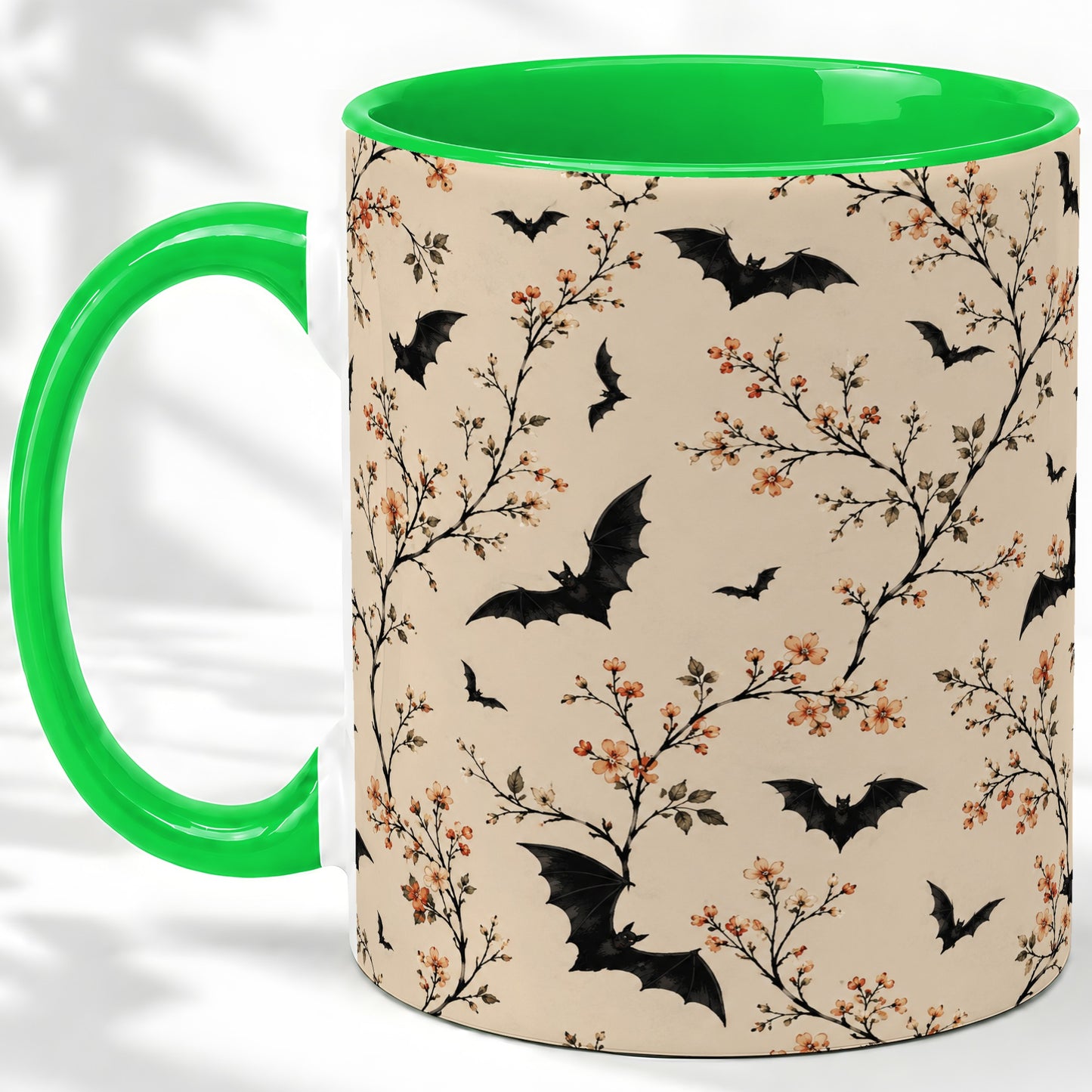 #pl[11oz|Green] Bat Floral Pattern Ceramic Coffee Cup, Mug with Blossom Artwork
