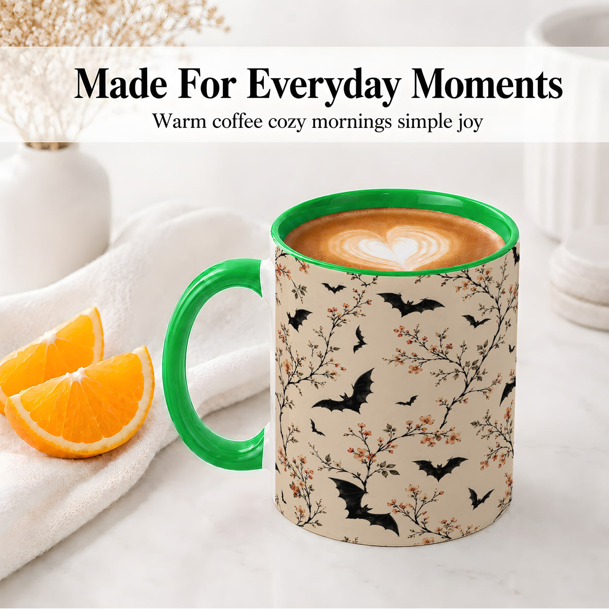 #pl[11oz|Green] Bat Floral Pattern Ceramic Coffee Cup, Mug with Blossom Artwork