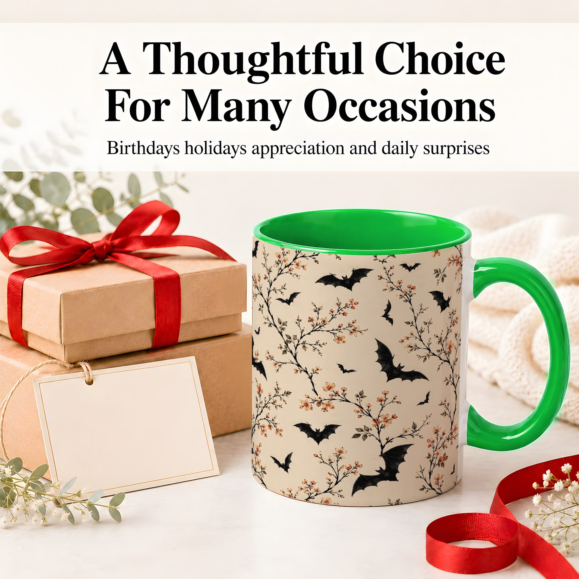 #pl[11oz|Green] Bat Floral Pattern Ceramic Coffee Cup, Mug with Blossom Artwork