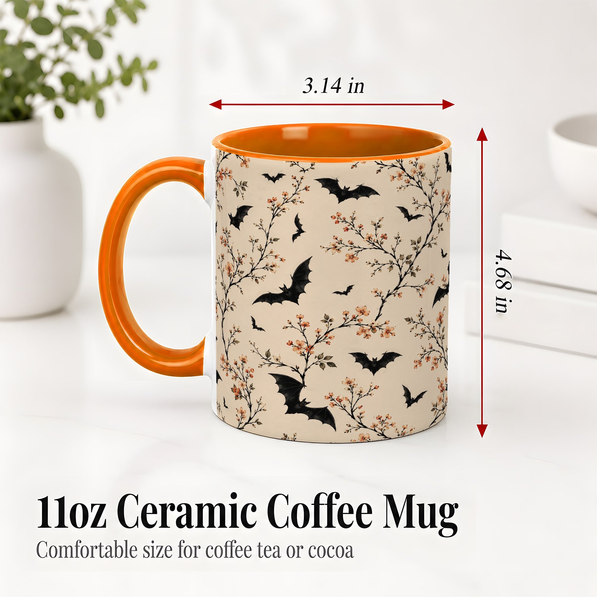 #pl[11oz|Orange] Bat Floral Pattern Ceramic Coffee Cup, Mug with Blossom Artwork