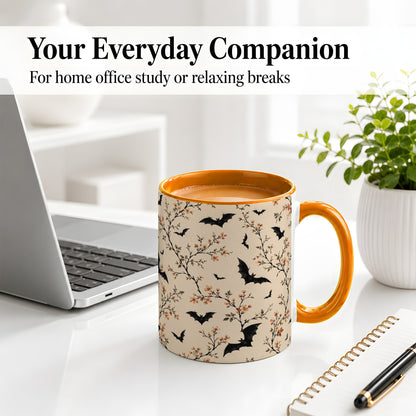 #pl[11oz|Orange] Bat Floral Pattern Ceramic Coffee Cup, Mug with Blossom Artwork