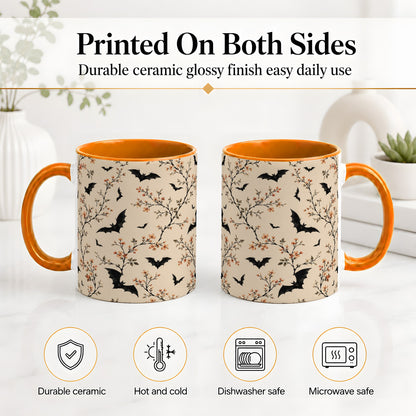#pl[11oz|Orange] Bat Floral Pattern Ceramic Coffee Cup, Mug with Blossom Artwork