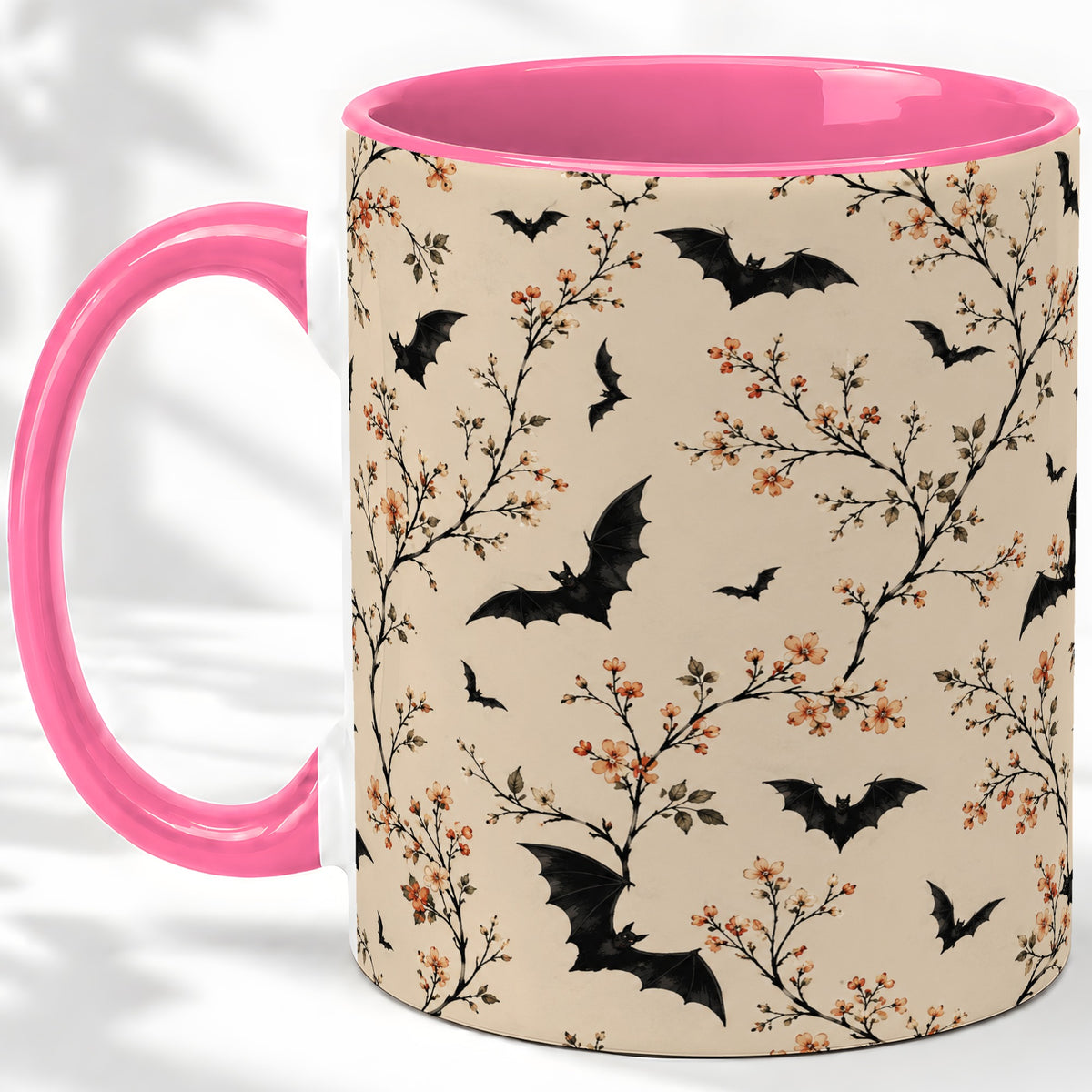 #pl[11oz|Pink] Bat Floral Pattern Ceramic Coffee Cup, Mug with Blossom Artwork