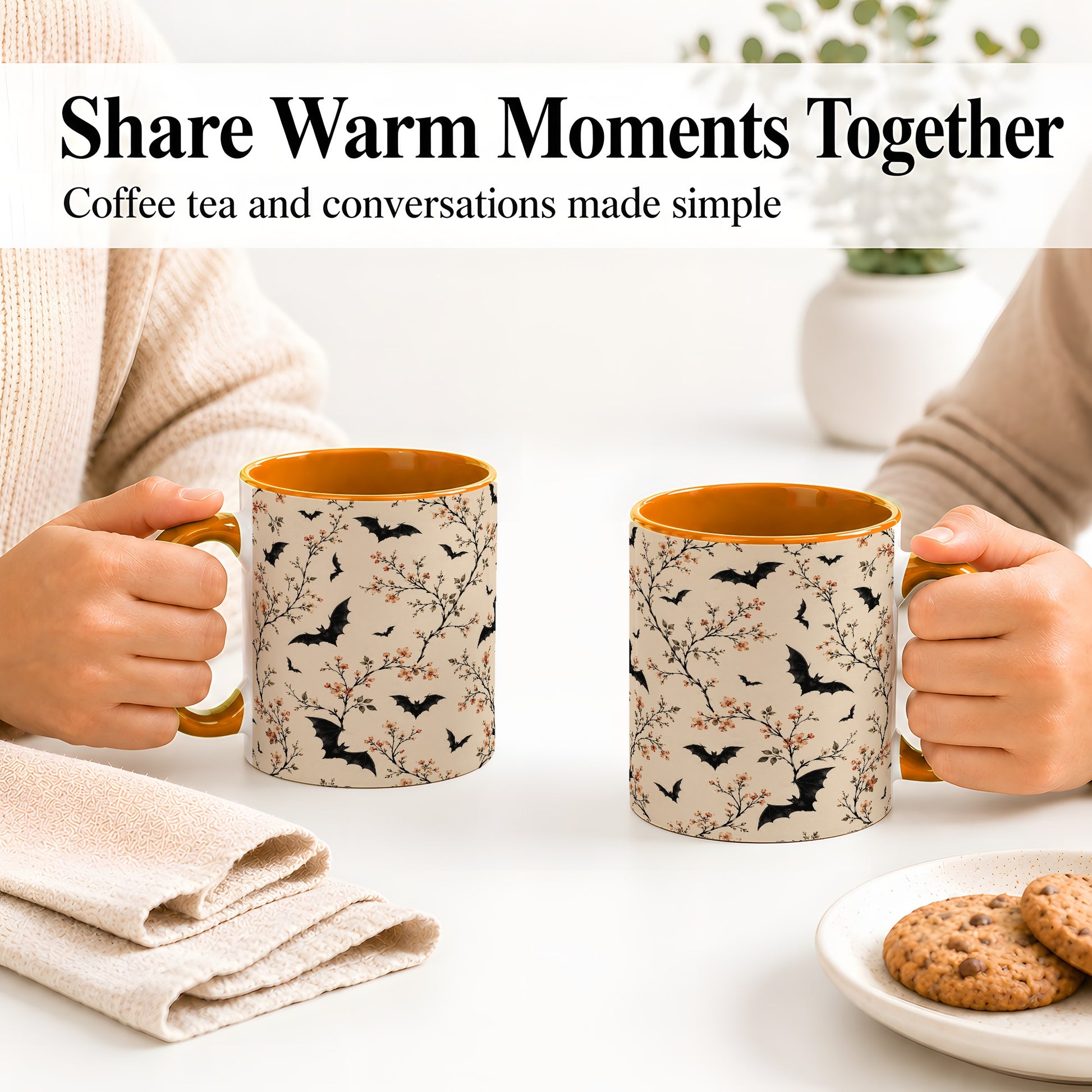 #pl[11oz|Orange] Bat Floral Pattern Ceramic Coffee Cup, Mug with Blossom Artwork