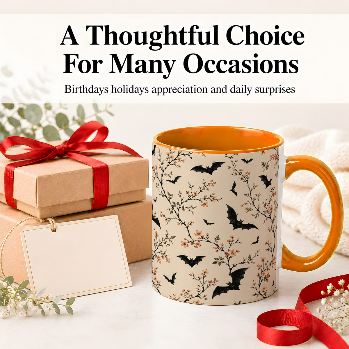 #pl[11oz|Orange] Bat Floral Pattern Ceramic Coffee Cup, Mug with Blossom Artwork