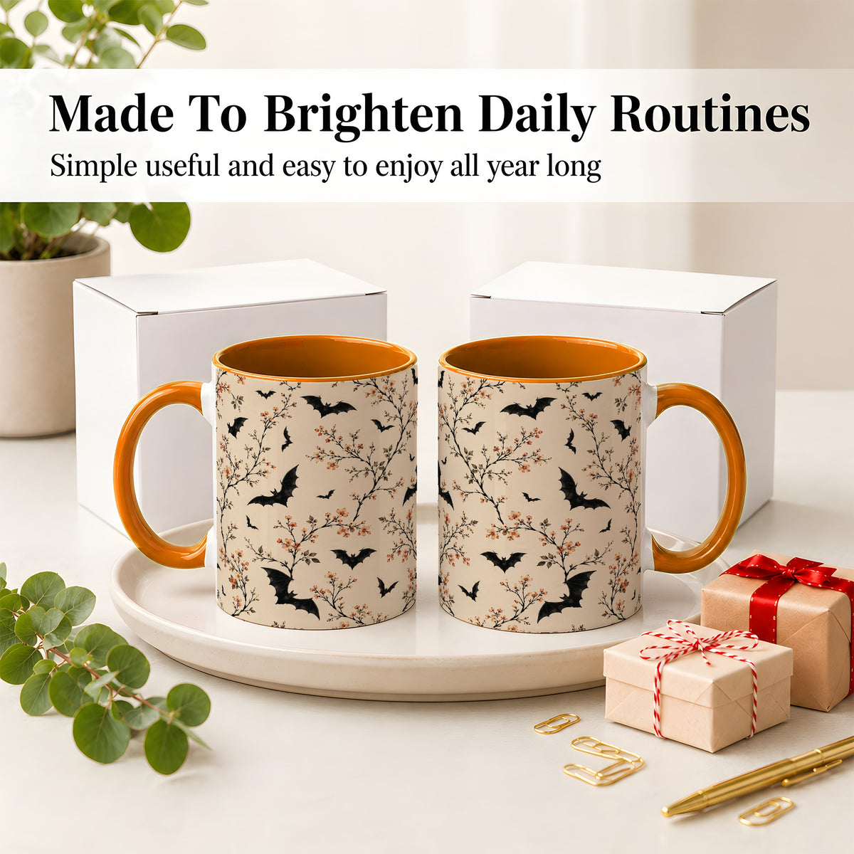 #pl[11oz|Orange] Bat Floral Pattern Ceramic Coffee Cup, Mug with Blossom Artwork