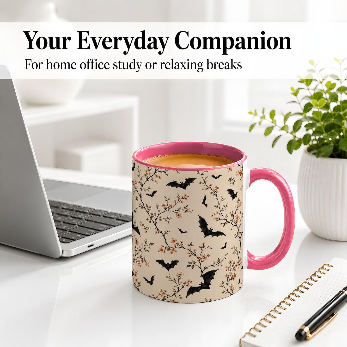 #pl[11oz|Pink] Bat Floral Pattern Ceramic Coffee Cup, Mug with Blossom Artwork
