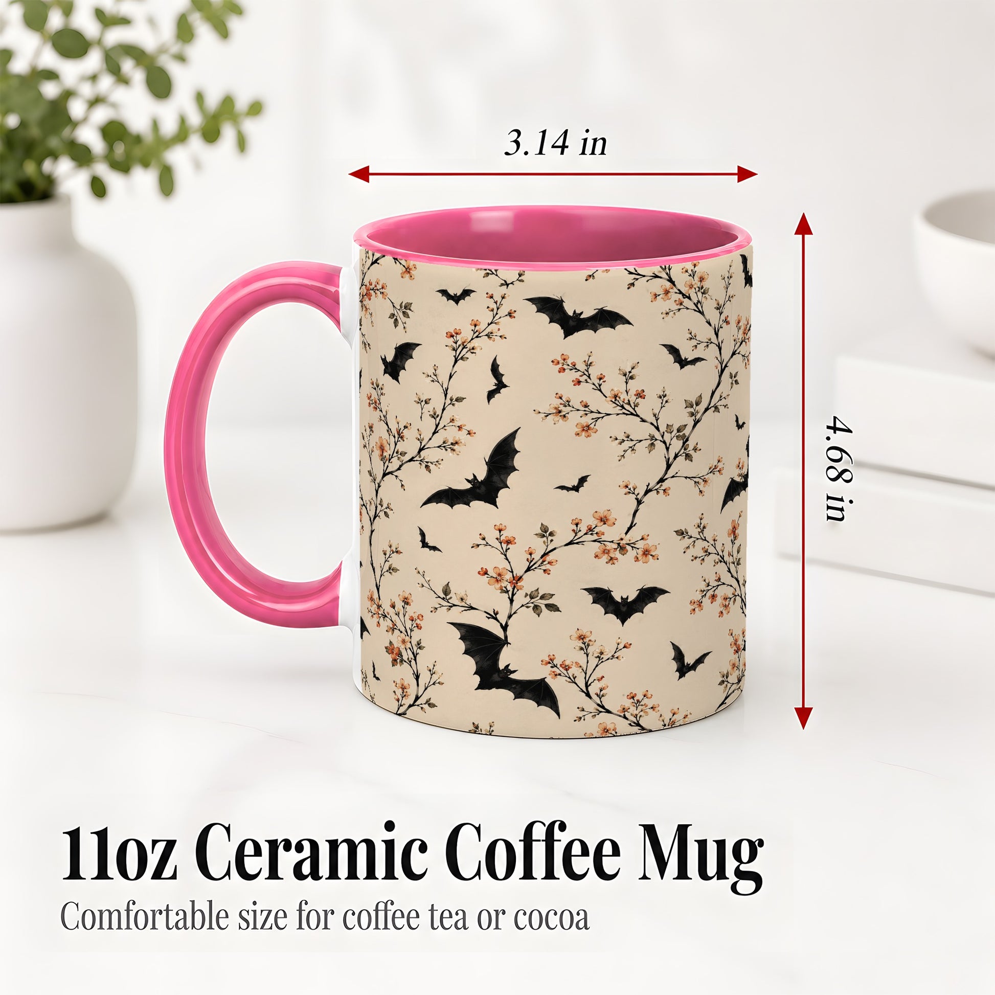 #pl[11oz|Pink] Bat Floral Pattern Ceramic Coffee Cup, Mug with Blossom Artwork