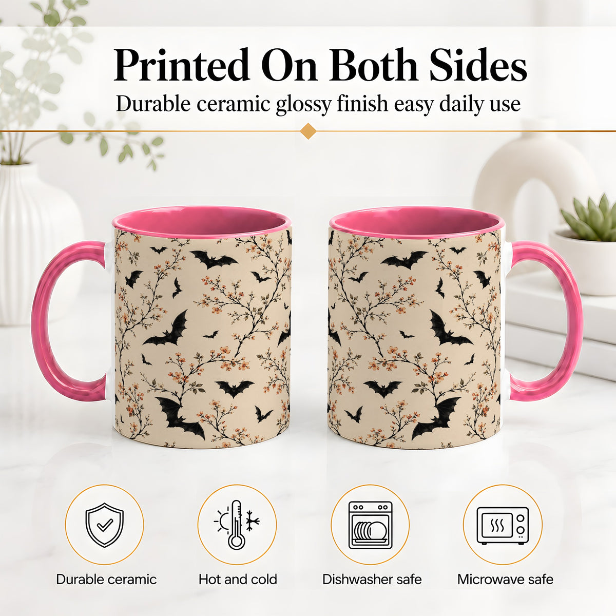 #pl[11oz|Pink] Bat Floral Pattern Ceramic Coffee Cup, Mug with Blossom Artwork