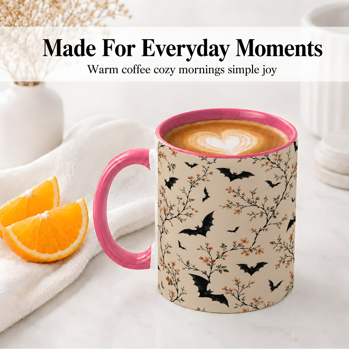 #pl[11oz|Pink] Bat Floral Pattern Ceramic Coffee Cup, Mug with Blossom Artwork