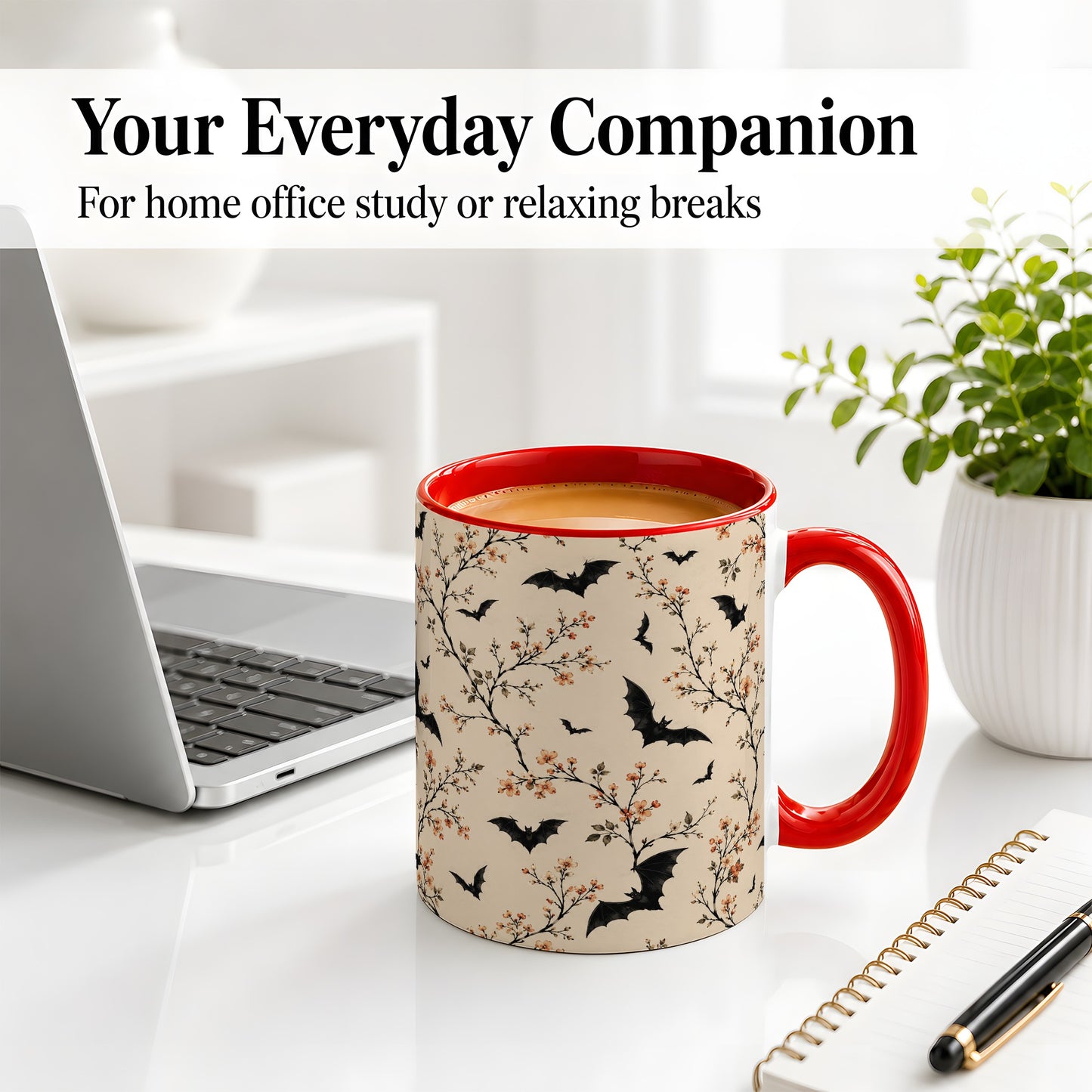 #pl[11oz|Red] Bat Floral Pattern Ceramic Coffee Cup, Mug with Blossom Artwork