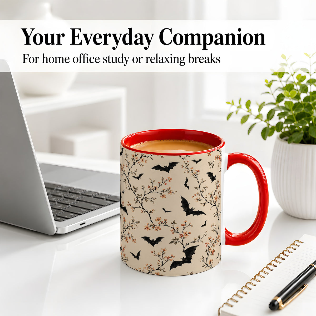 #pl[11oz|Red] Bat Floral Pattern Ceramic Coffee Cup, Mug with Blossom Artwork