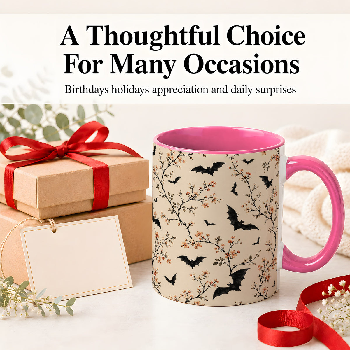 #pl[11oz|Pink] Bat Floral Pattern Ceramic Coffee Cup, Mug with Blossom Artwork