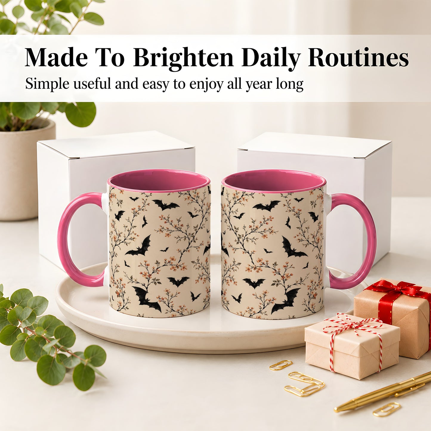 #pl[11oz|Pink] Bat Floral Pattern Ceramic Coffee Cup, Mug with Blossom Artwork