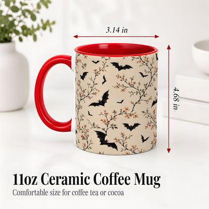#pl[11oz|Red] Bat Floral Pattern Ceramic Coffee Cup, Mug with Blossom Artwork