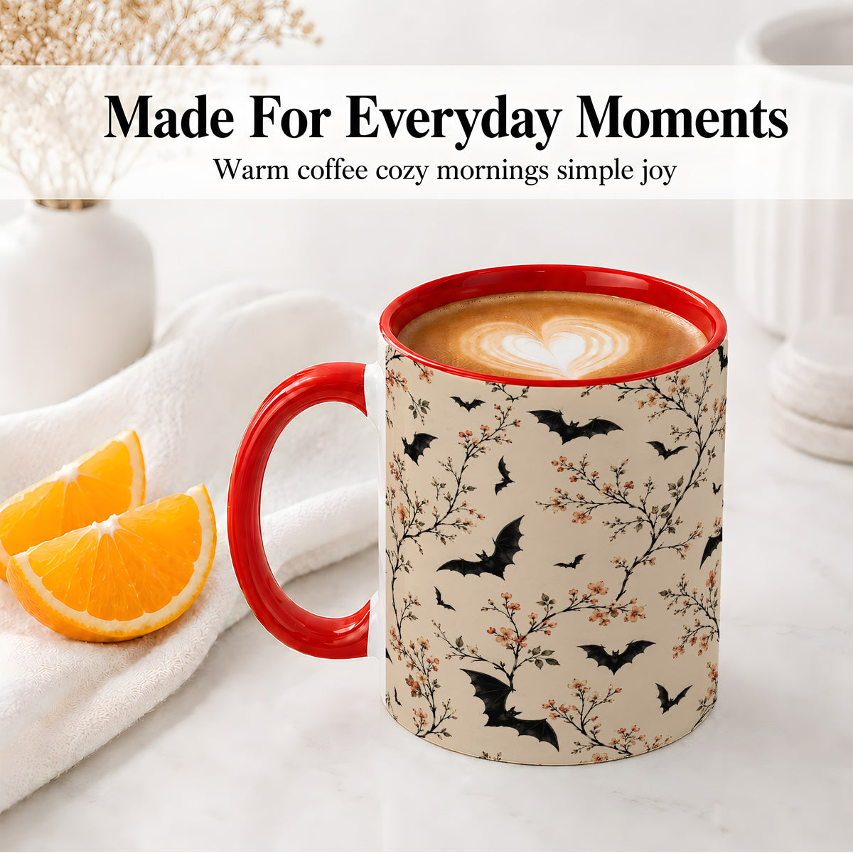 #pl[11oz|Red] Bat Floral Pattern Ceramic Coffee Cup, Mug with Blossom Artwork