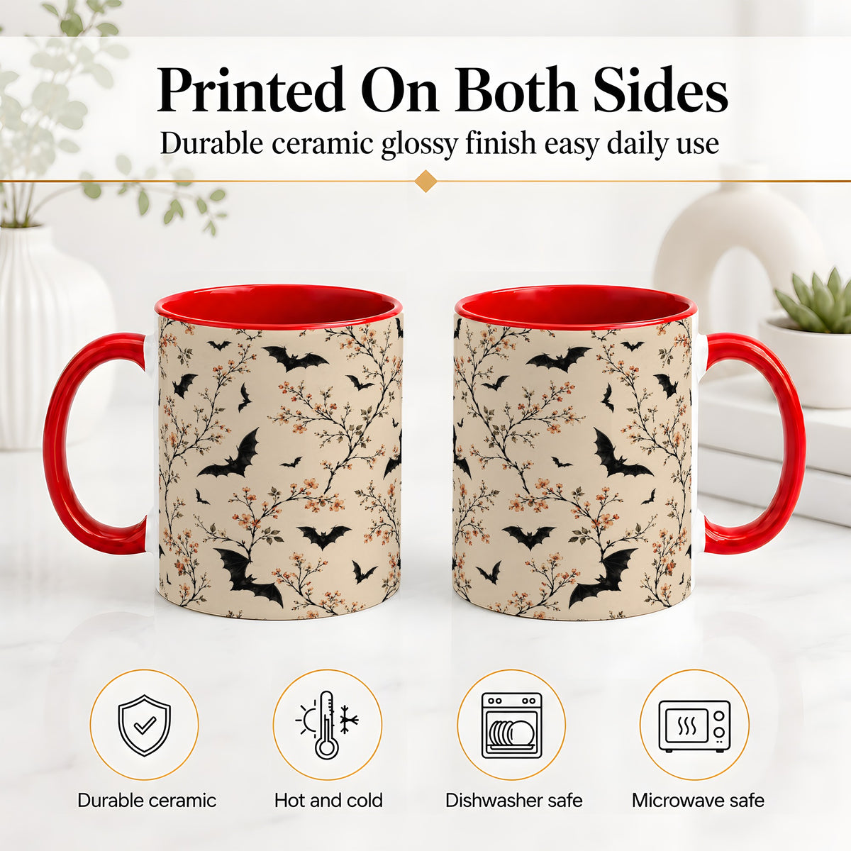 #pl[11oz|Red] Bat Floral Pattern Ceramic Coffee Cup, Mug with Blossom Artwork