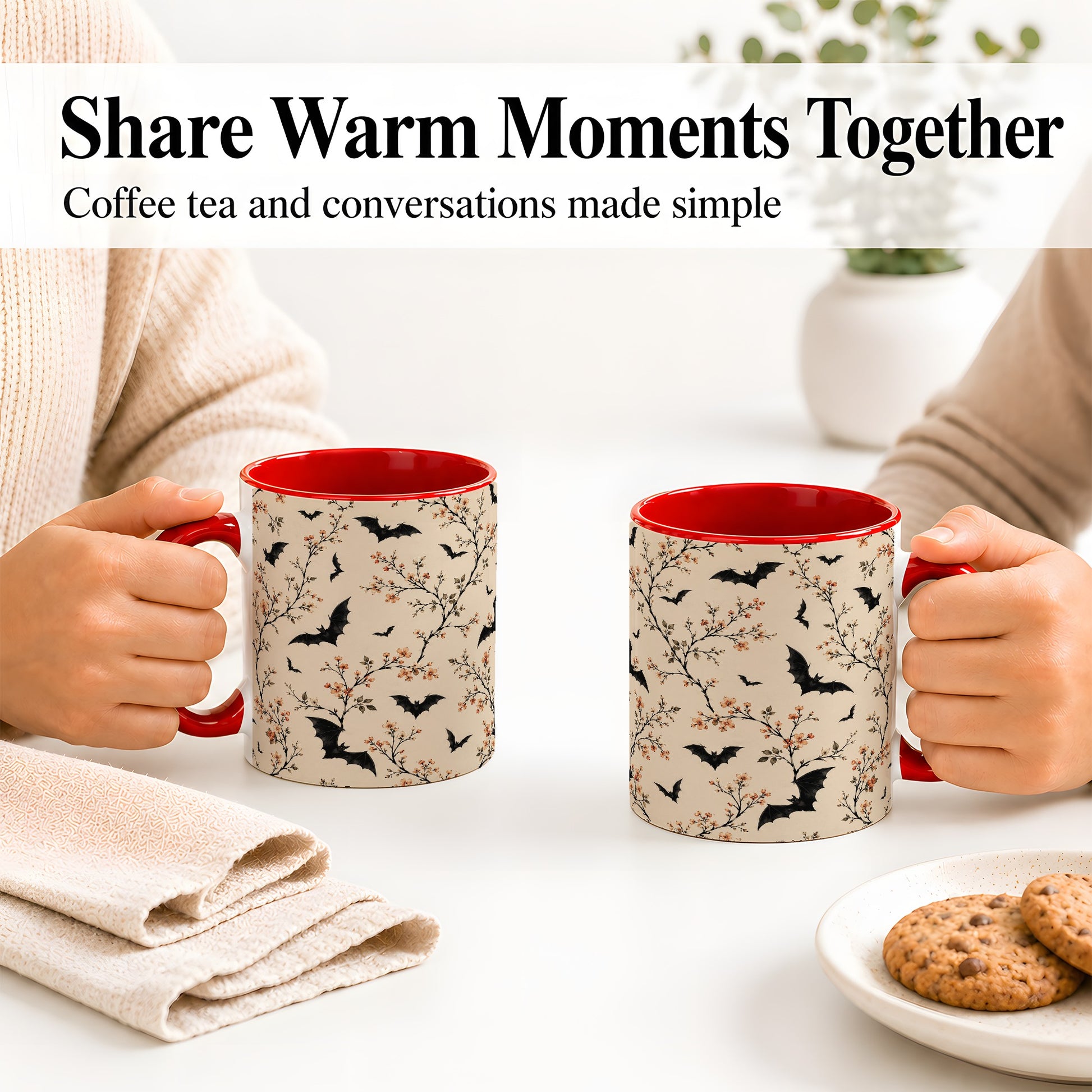 #pl[11oz|Red] Bat Floral Pattern Ceramic Coffee Cup, Mug with Blossom Artwork