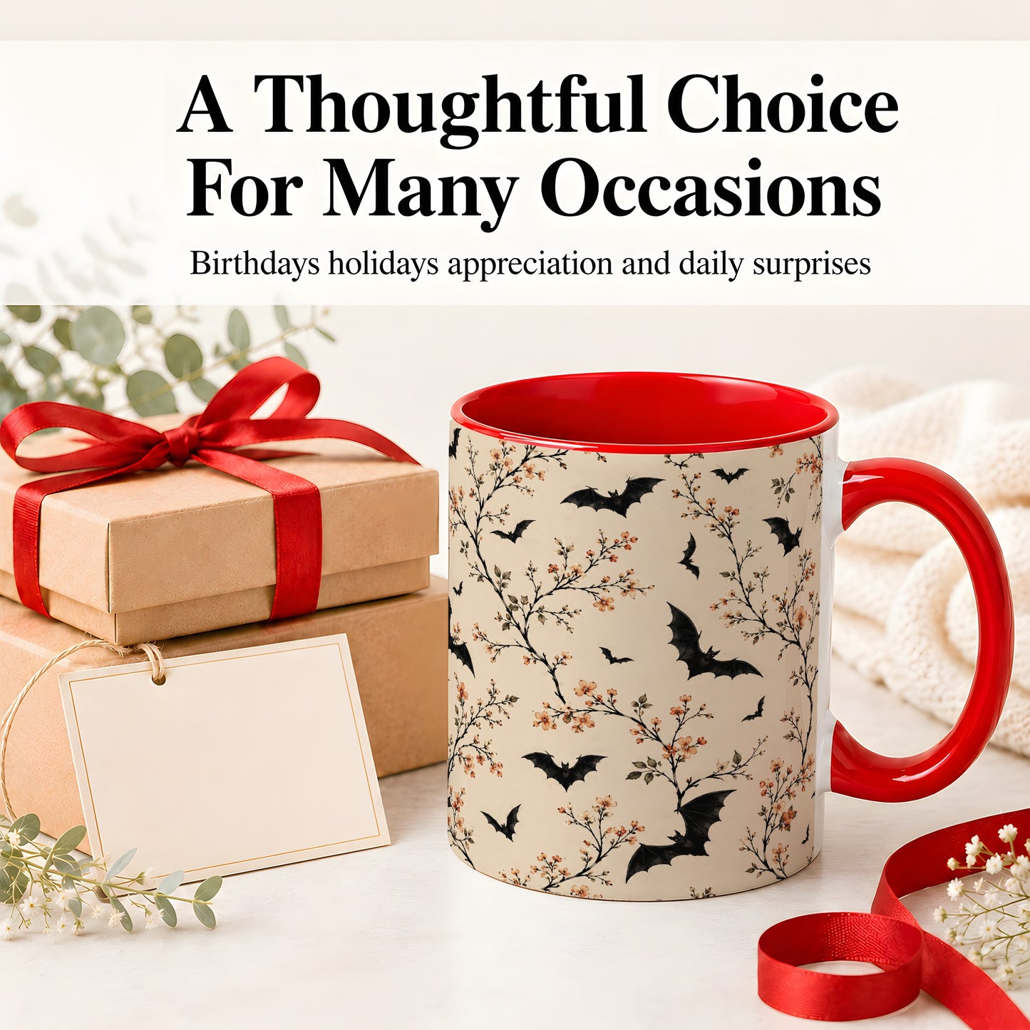 #pl[11oz|Red] Bat Floral Pattern Ceramic Coffee Cup, Mug with Blossom Artwork