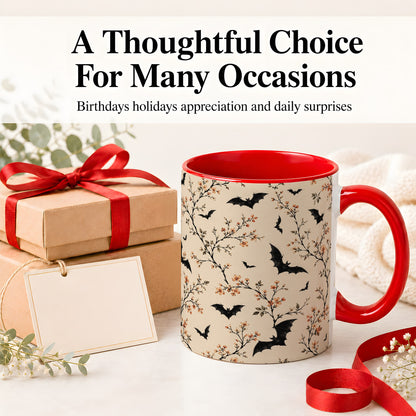 #pl[11oz|Red] Bat Floral Pattern Ceramic Coffee Cup, Mug with Blossom Artwork