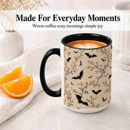 #pl[15oz|Black] Bat Floral Pattern Ceramic Coffee Cup, Mug with Blossom Artwork