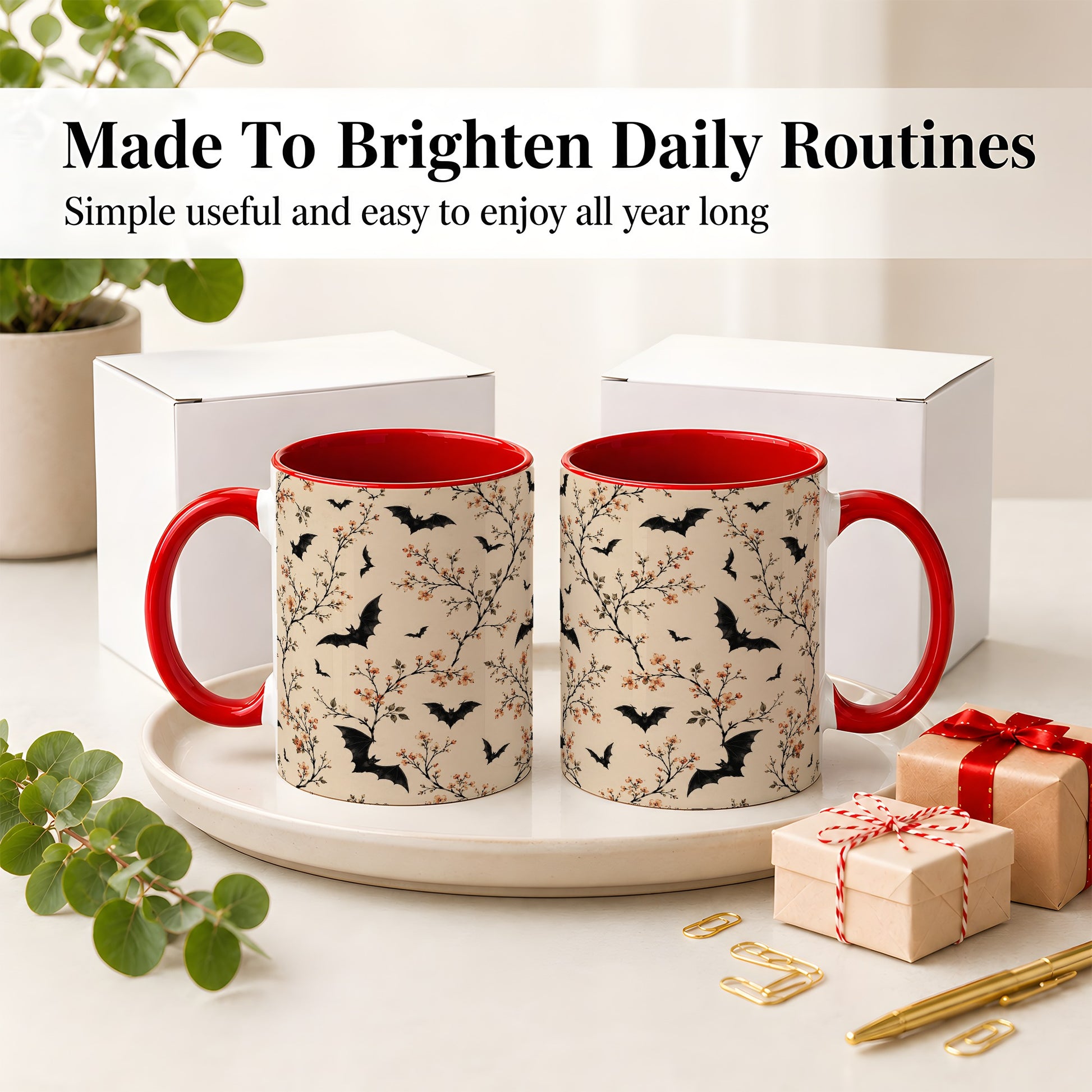 #pl[11oz|Red] Bat Floral Pattern Ceramic Coffee Cup, Mug with Blossom Artwork