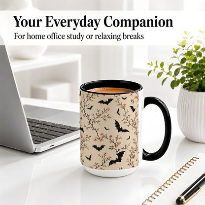 #pl[15oz|Black] Bat Floral Pattern Ceramic Coffee Cup, Mug with Blossom Artwork