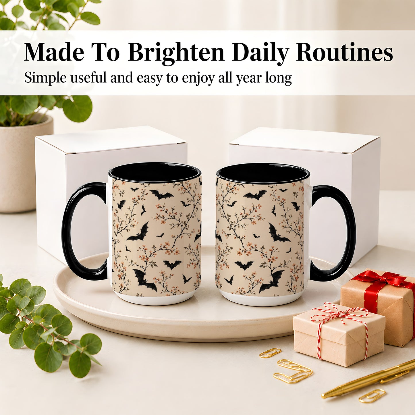 #pl[15oz|Black] Bat Floral Pattern Ceramic Coffee Cup, Mug with Blossom Artwork