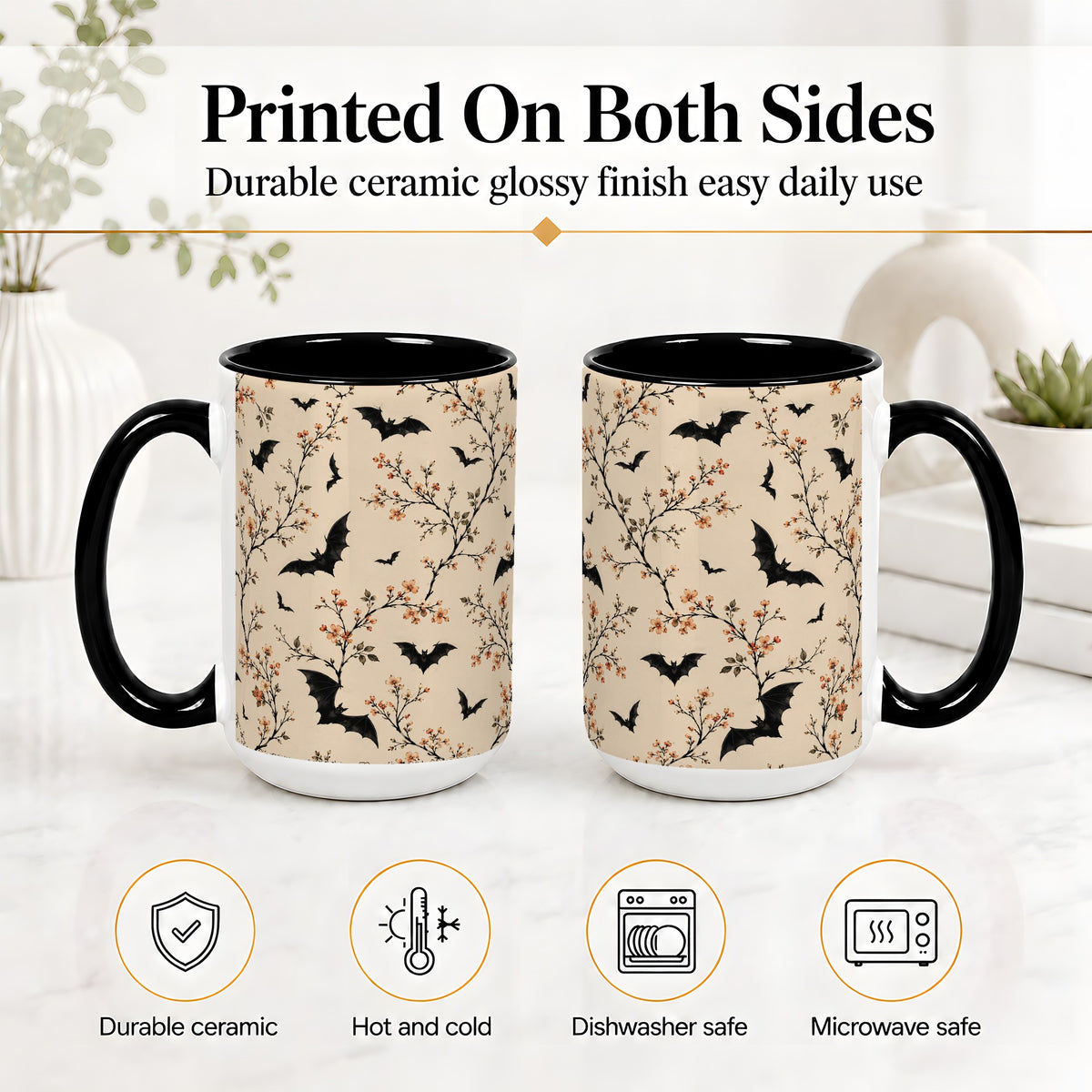 #pl[15oz|Black] Bat Floral Pattern Ceramic Coffee Cup, Mug with Blossom Artwork