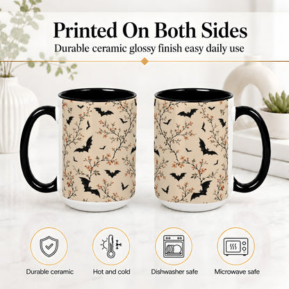 #pl[15oz|Black] Bat Floral Pattern Ceramic Coffee Cup, Mug with Blossom Artwork