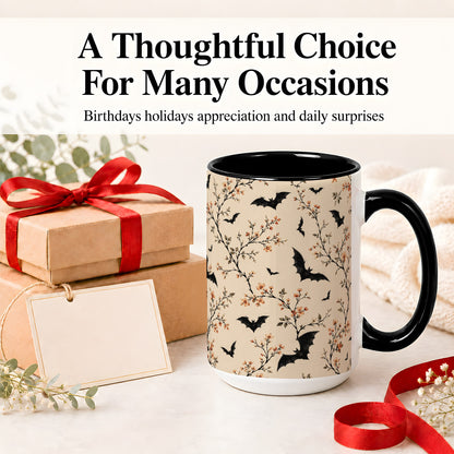 #pl[15oz|Black] Bat Floral Pattern Ceramic Coffee Cup, Mug with Blossom Artwork