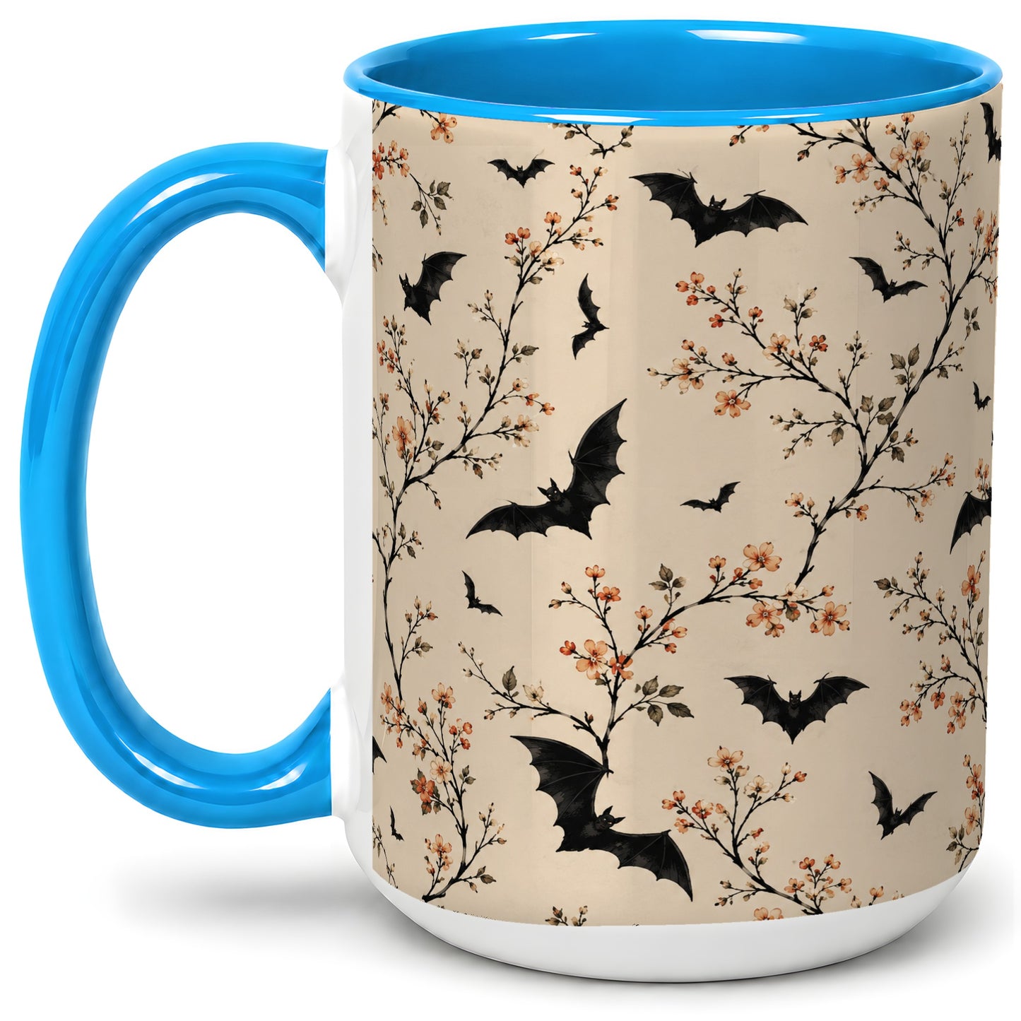 #pl[15oz|Blue] Bat Floral Pattern Ceramic Coffee Cup, Mug with Blossom Artwork