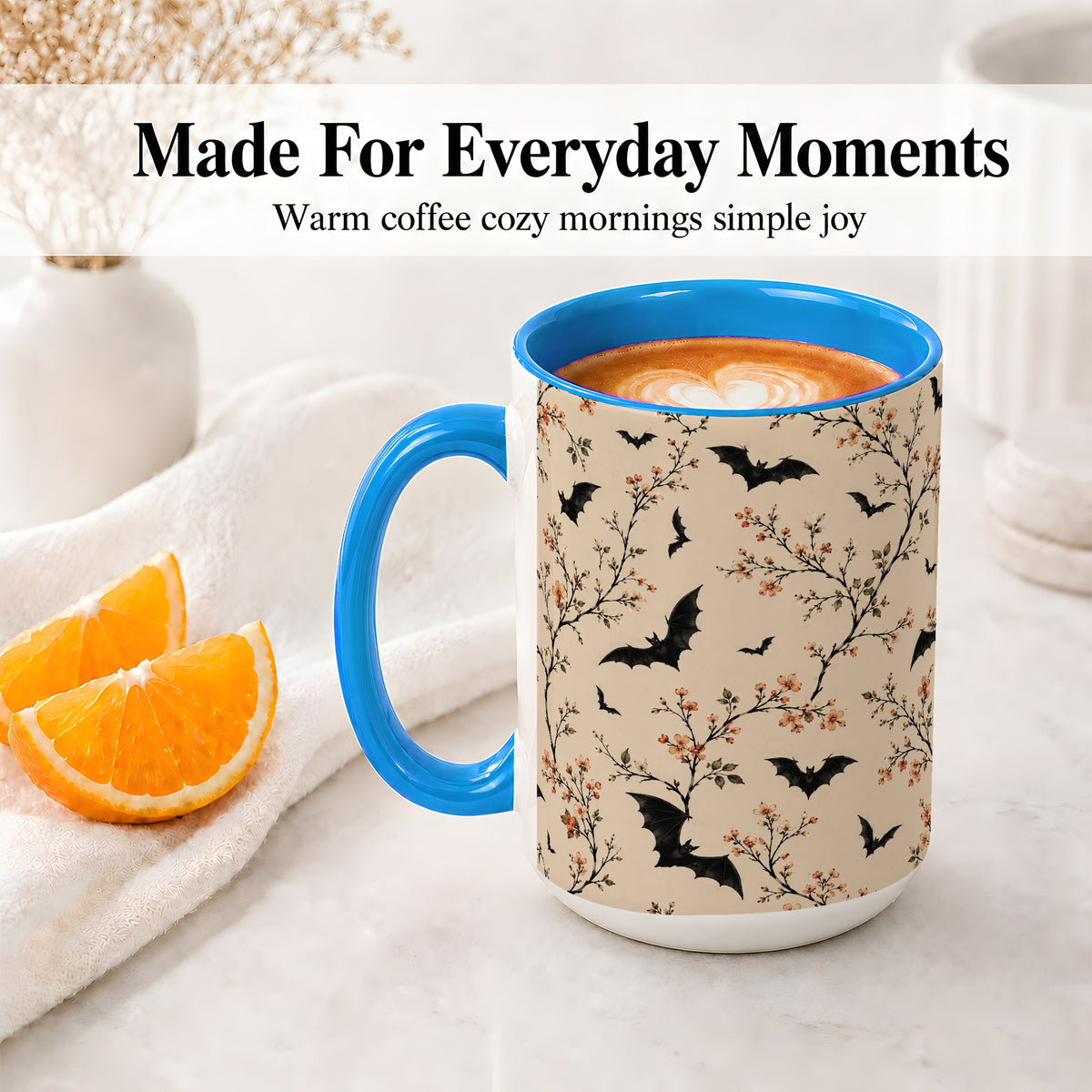 #pl[15oz|Blue] Bat Floral Pattern Ceramic Coffee Cup, Mug with Blossom Artwork