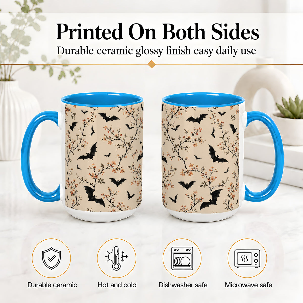 #pl[15oz|Blue] Bat Floral Pattern Ceramic Coffee Cup, Mug with Blossom Artwork