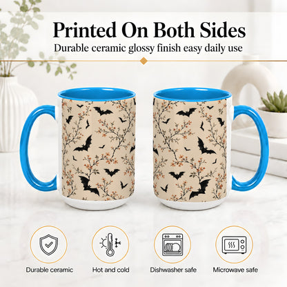 #pl[15oz|Blue] Bat Floral Pattern Ceramic Coffee Cup, Mug with Blossom Artwork