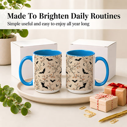 #pl[15oz|Blue] Bat Floral Pattern Ceramic Coffee Cup, Mug with Blossom Artwork