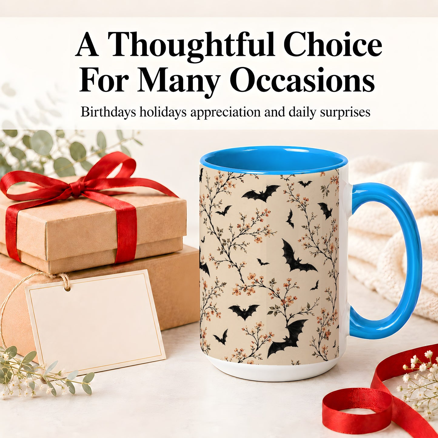 #pl[15oz|Blue] Bat Floral Pattern Ceramic Coffee Cup, Mug with Blossom Artwork